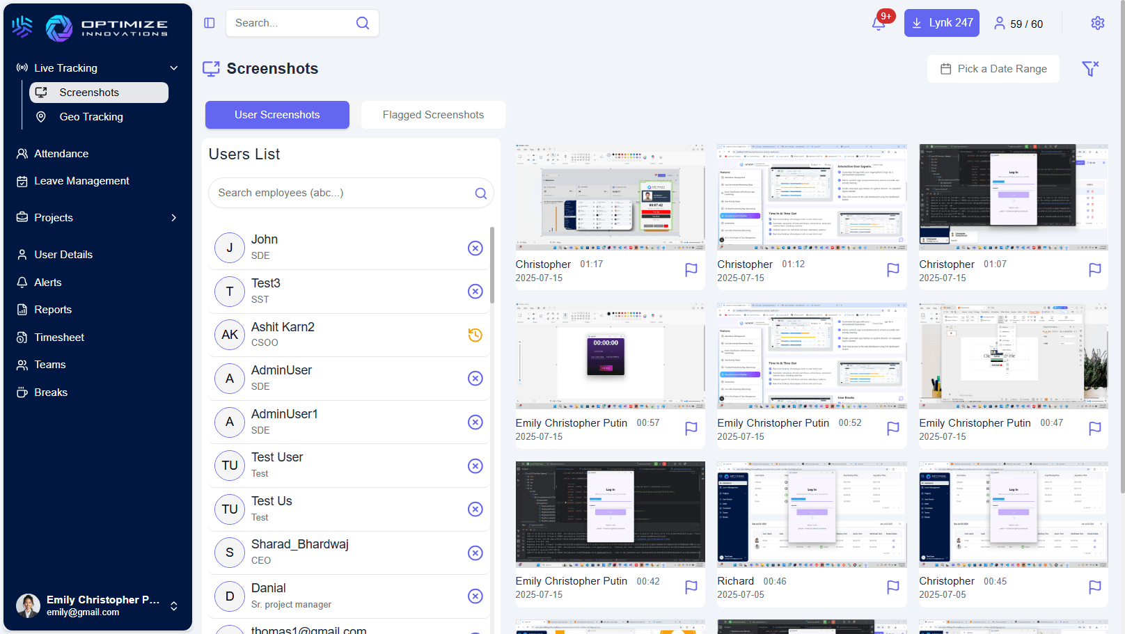 Real-time Employee Activity Tracking Screen